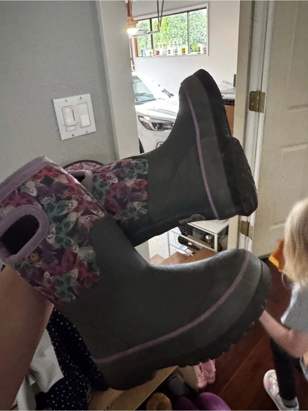 Bogs Kids Gray and Purple Floral Rain Boots